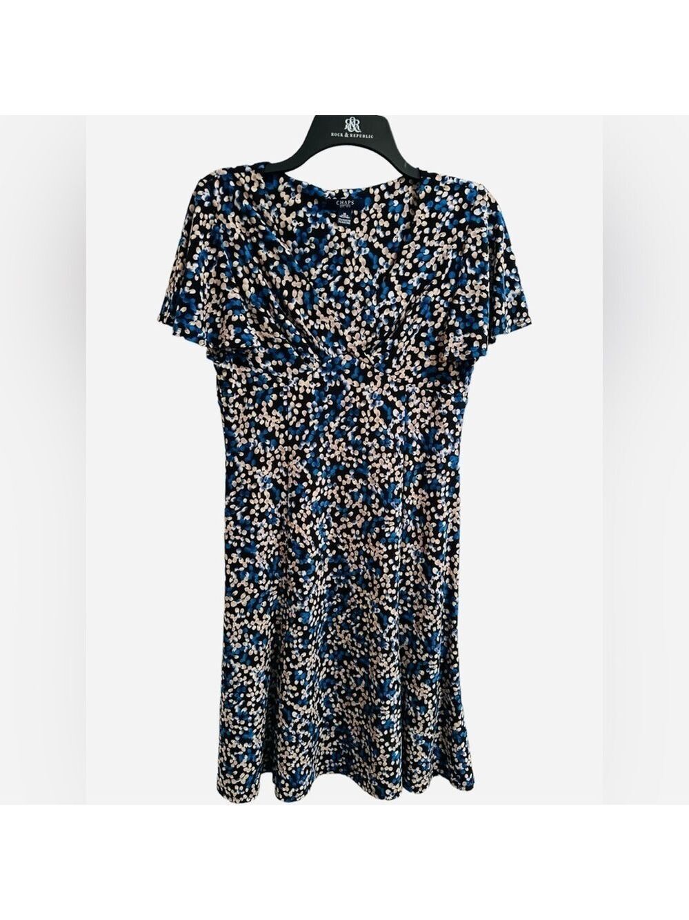 CHAPS Floral Knee Length Dress W/ Flutter Sleeves Womens Medium Blue & Tan Aline